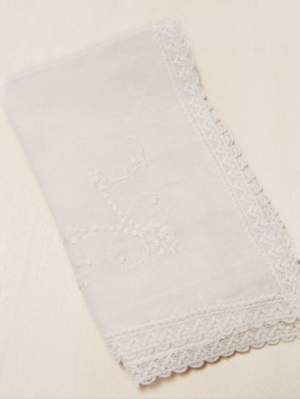 VINTAGE Linen Handkerchief White Lace Embroidered Floral 9.5x9.5